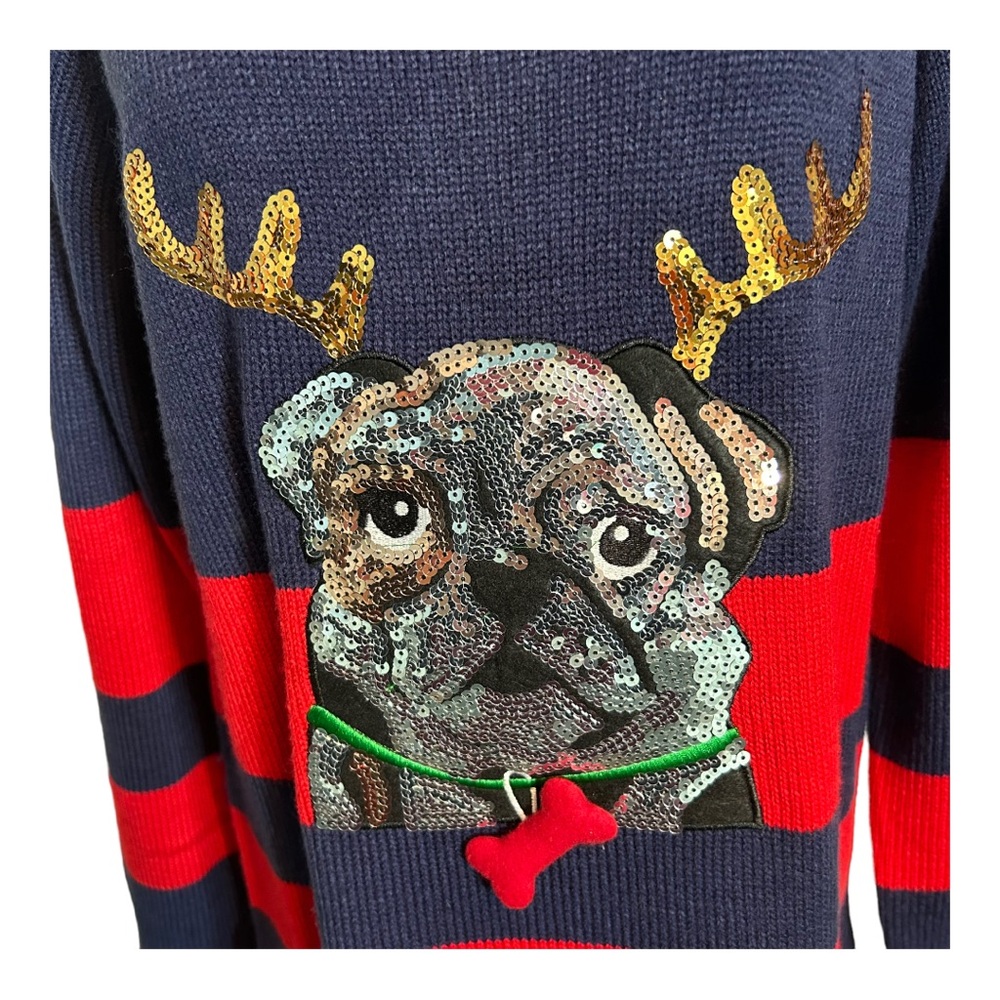 Holiday Time Sequin Bulldog Christmas Sweater - Size M, Blue/Red Multi - Picture 2 of 10